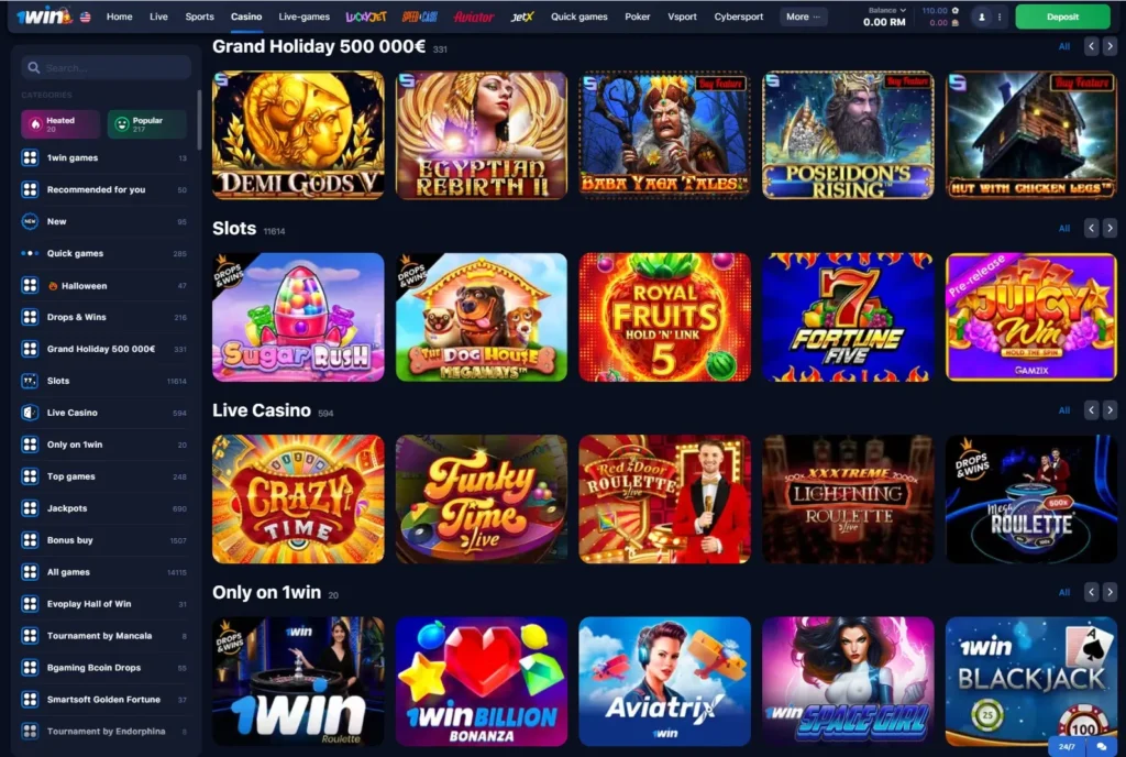 1WIN Online Casino app games lobby